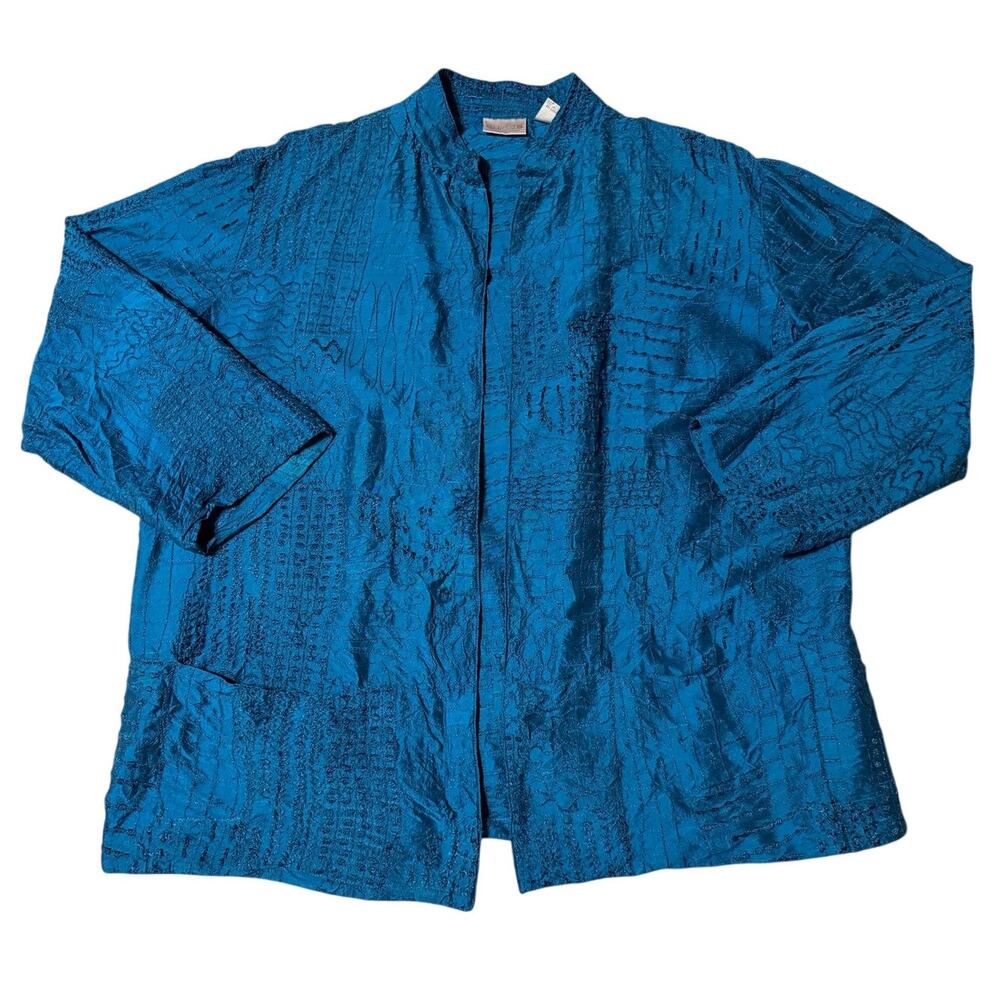 Chico's Boho Glam Silk Embroidered Open Front Blue Jacket Kimono Size 2 (Large)